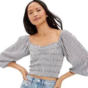 American Eagle Gray and White Striped Smocked Puff Sleeve Top N0255